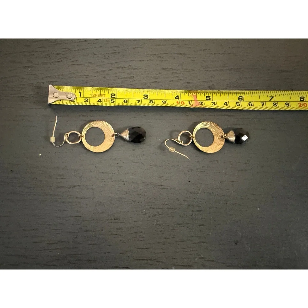 Vintage Gold Tone Textured Circle Drop Earrings Black Faceted Teardrop Dangle